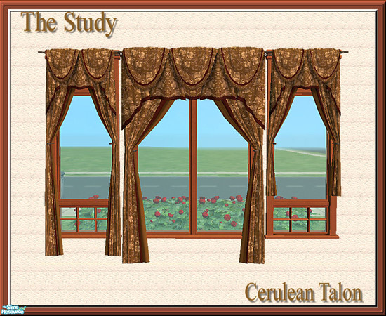 Sims 2 — The Study - Curtains by Cerulean Talon — Rich dark colors that will make your Sim feel like curling up in a