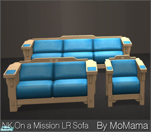 Sims 2 — NK On A Mission LR - Sofa by MoMama — Sofa, loveseat and arm chair in a light wood with bright blue cushions.