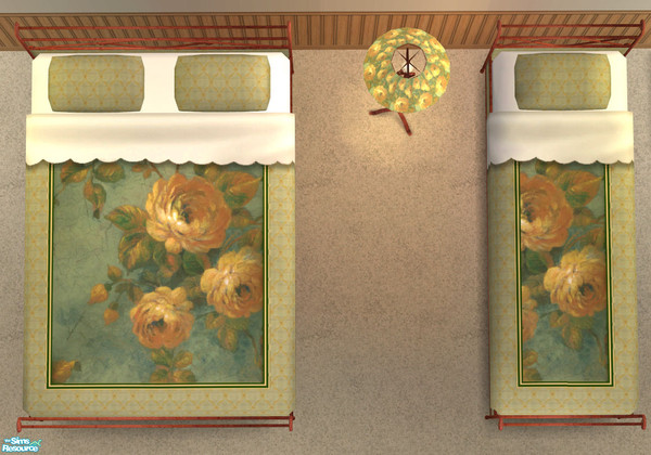 Sims 2 — Romantic Dreams Bedding by ImmeK — An elegant green bedding with a central yellow rose design, based on a