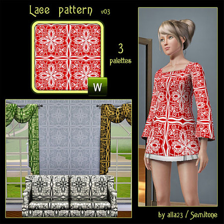Sims 3 — Lace pattern v03 by Semitone — Lace pattern v03, 3 recolorable palettes.