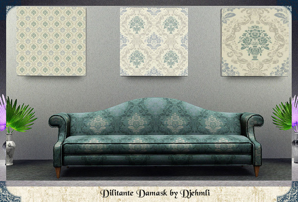 Sims 3 — Djem_Dilitante Damask by djehmli — A regal damask featuring floral vases amongst ribbons. Four Color-able