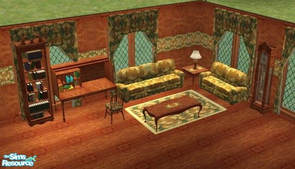 Sims 2 — Granny's Study by Riverwillows — Rich cherry wood, beautiful chintz roses, and antiques. Who doesn't remember