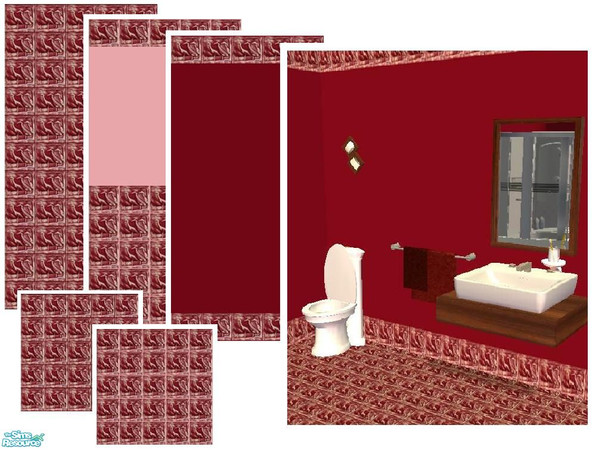 Sims 2 — Cranes set - red by Mekhi — A set of three tiled walls and two matching floors with an original cranes pattern.