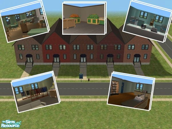 Sims 2 — Town Shoppe by becboobear — Shopping center with dining, clothes, groceries, coffee, entertainment and pets. No
