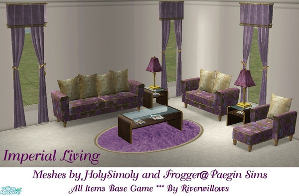 Sims 2 — Imperial Living by Riverwillows — Regal living room set, in royal purples and gold trim. Meshes by HolySimoly