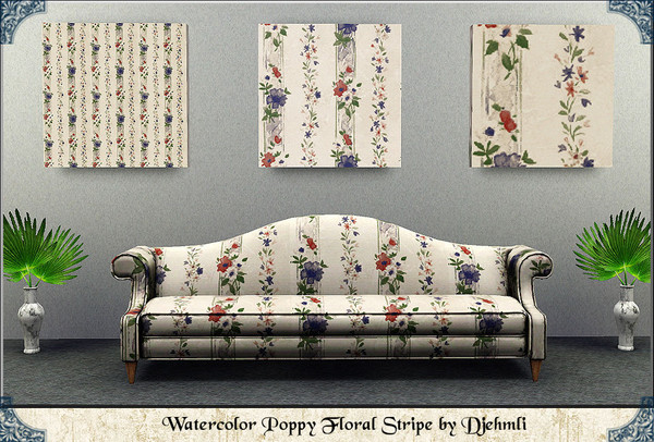 Sims 3 — Djem_Watercolor Poppy Floral Stripe by djehmli — Poppy Flowers done in watercolors in a striped Pattern on