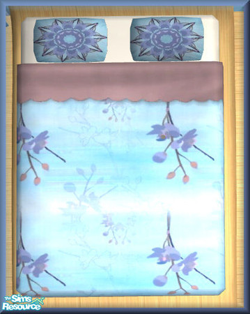 Sims 2 — NK TC50 Salsa BR - Bedding 4 by MoMama — A floral quilt on a white mattress with mauve scalloped sheets and