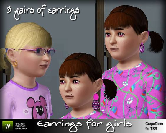 Sims 3 — CD_Earrings for Girls by TSR Archive — 3 pair of earrings for little girls. 2 Hearts Hoop Earrings like adults,