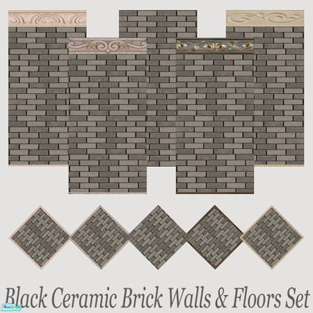 Sims 2 — Black Ceramic Brick Walls & Floors Set by Sheera — This set includes 10 items : 5 walls and their 5 matching