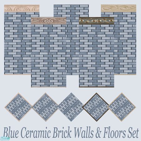 Sims 2 — Blue Ceramic Brick Walls & Floors Set by Sheera — This set includes 10 items : 5 walls and their 5 matching