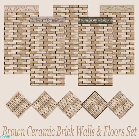 Sims 2 — Brown Ceramic Brick Walls & Floors Set by Sheera — This set includes 10 items : 5 walls and their 5 matching