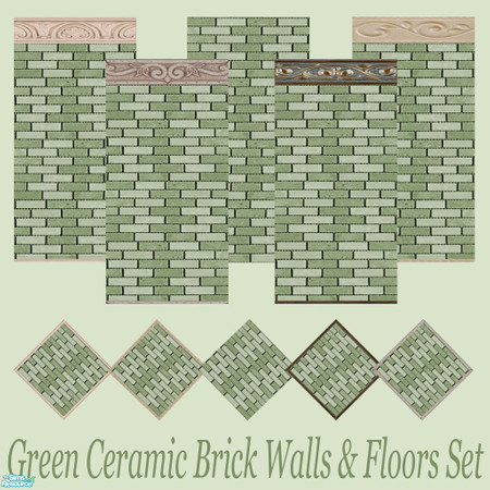 Sims 2 — Green Ceramic Brick Walls & Floors Set by Sheera — This set includes 10 items : 5 walls and their 5 matching