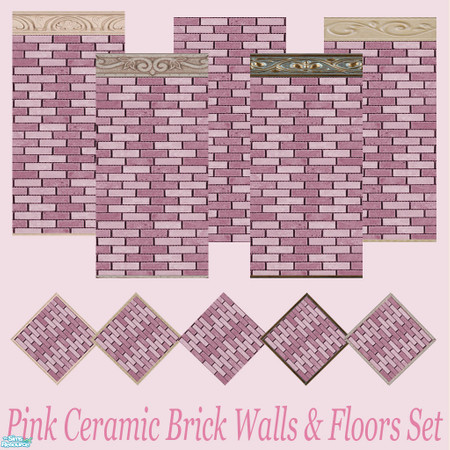Sims 2 — Pink Ceramic Brick Walls & Floors Set by Sheera — This set includes 10 items : 5 walls and their 5 matching