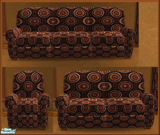 Sims 2 — NK TC48 Living Room - Club Sofa by MoMama — A recolor of the club distress sofa in a brown circular pattern.