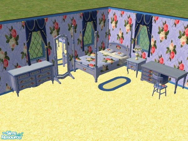 Sims 2 — Blue Rose Bedroom Set by Riverwillows — A lovely Victorian-based bedroom set, with roses against a blue pattern.