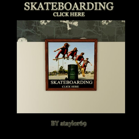 Sims 3 — Skateboarding Click Here by ataylor69 — Skateboarder jumping over a barrell with "skateboarding click