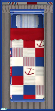 Sims 2 — NK Nautical BR Blue - Bedding by MoMama — A nautical quilt on a blue mattress with red sheet and blue