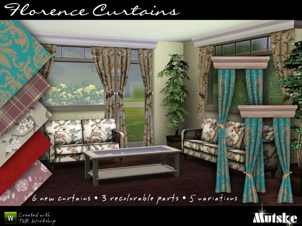 Sims 3 — Florence Curtains by Mutske — Set of 6 curtains. All have 3 recolorable parts and 5 variations. Make sure that