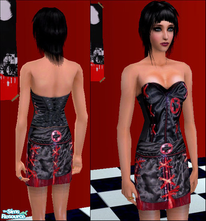 Sims 2 — Night Nurse Set by ichu — Includes a black corset and skirt with red laces and the nurse logo.