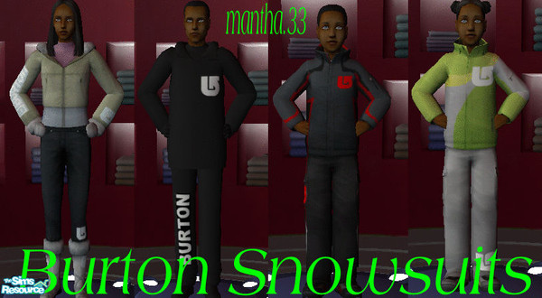 Sims 2 — Burton Outerwear Set by mantha33 — Female and Male Adult and Female and Male Child. Each has burton symbols.
