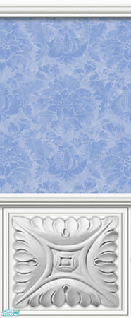 Sims 2 — White Wains1, Damask 1 Wallpaper - Blue by 71robert13 — Wall features a white panel wainscoting with a squared