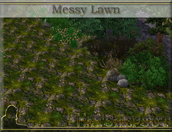 Sims 3 — Messy Lawn by hatshepsut — Stones and weeds strewn across a green lawn 