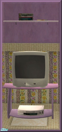 Sims 2 — NK TC46 Living Large LR TV by MoMama — A purple TV stand with cute glass upper shelves.