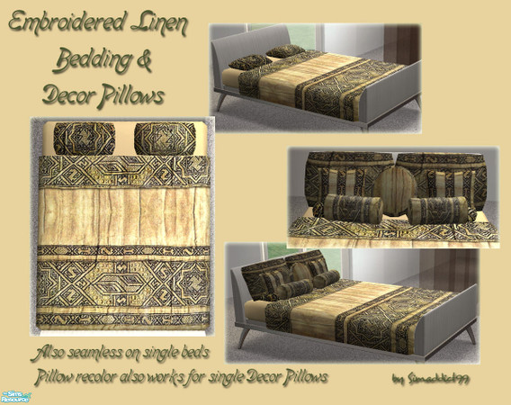 Sims 2 — Embroidered Bedding - Earthy Linen Set by Simaddict99 — Earthy linen bedding accented with embroidered detail.