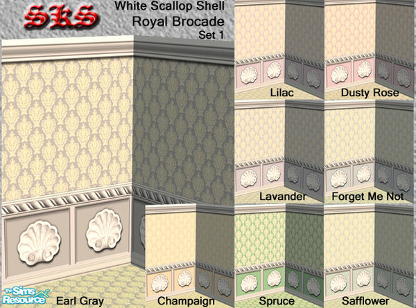 Sims 2 — White Shell, Royal Brocade Wallpaper set-1 by 71robert13 — Royal brocade crown patterned wallpaper trimmed in