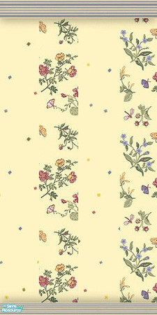 Sims 2 — NK TC45 Living Room Wall by MoMama — A striped wall of flowers and specks with a striped baseboard and crown