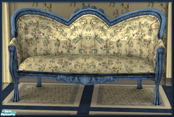 Sims 2 — NK TC45 LR Loveseat Flowers by MoMama — A yellow floral loveseat with blue wood. There are three wood styles