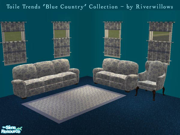Sims 2 — Toile Trends  by Riverwillows — A beautiful living set, with matching sofa, loveseat, armchair, curtains, and