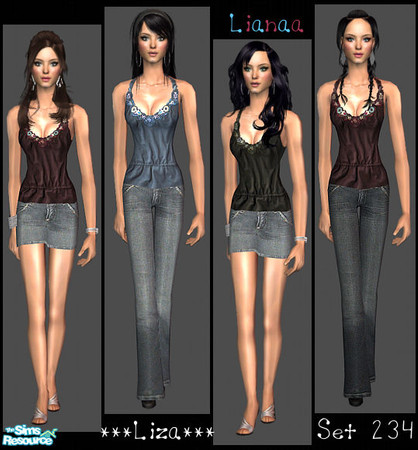 Sims 2 — Set 234 Liza by Lianaa — Set 234 Liza - denim skirt and jeans with top in 3 colors
