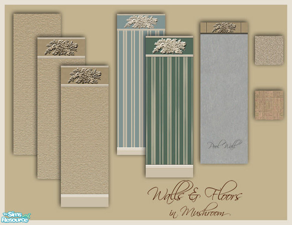 Sims 2 — Walls & Floors in Mushroom by Pinecat — Six walls, including a pool wall, and two floors to mix and match.