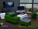 Sims 3 — Aema Living by Quazur — Set includes: Sofa, living chair, coffee table, high end table, pouf, television,