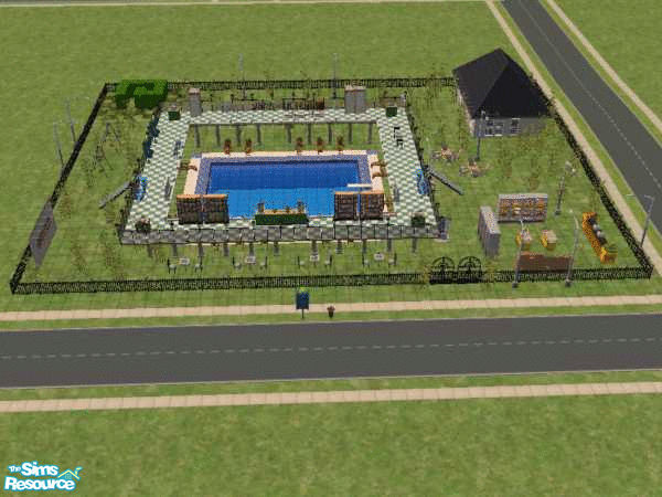 Sims 2 — WunderPark Pool & Shops by poochi4092 — Lot has a public pool, chess tables, grills, and dartboards.