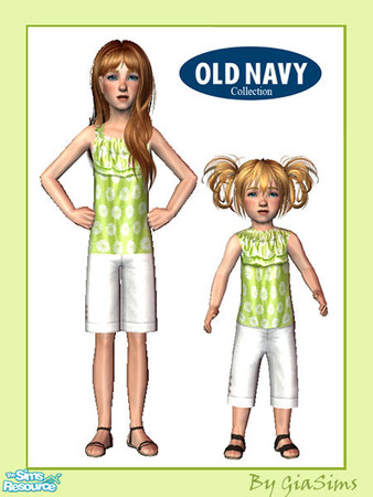 Sims 2 — Old Navy Sister Set by giasims — White capris with summer green ruffle shirts