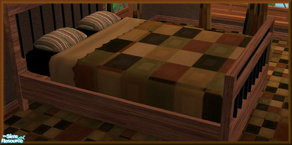 Sims 2 — NK TC42 Craftsman BR Bedding by MoMama — A checked quilt sits atop a brown mattress with tan sheet and striped
