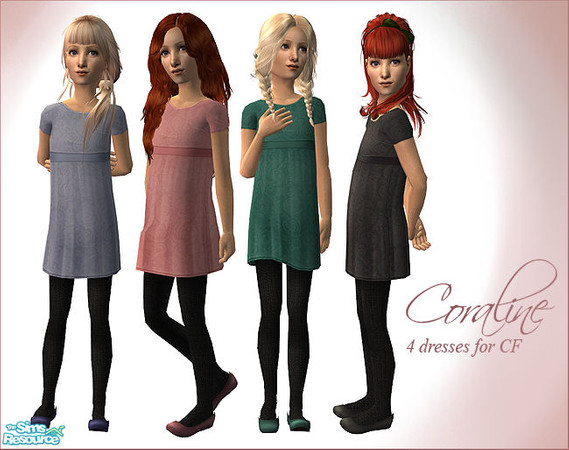 Sims 2 — Coraline - 4 Dresses for CF by flinn — Four sweet and simple tunic dresses combined with black knitted tights