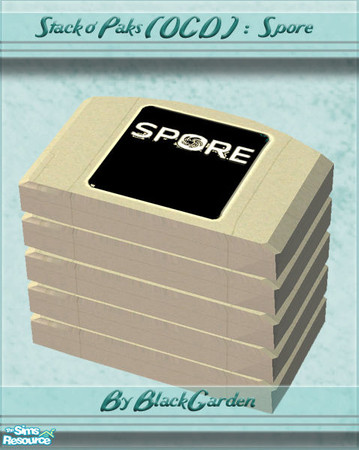 Sims 2 — Stack o\' Paks (OCD version) - Spore by BlackGarden — A very tidy stack of GamePaks with Spore visible on top.