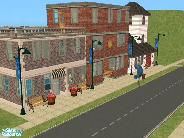 Sims 2 — Main Street 2 by berkyo26 — Made with Maxi\'s Only. Block 2 has the Town Hall - do Sims pay Taxes?, The old