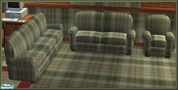 Sims 2 — NK TC41 LR Sofa by MoMama — A green plaid Club Distress Sofa which also recolors the loveseat and armchair.