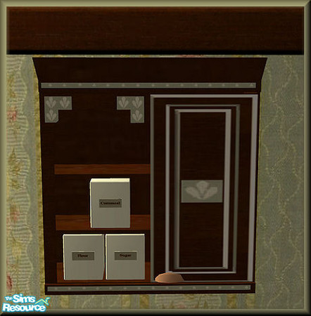 Sims 2 — NK TC40 Terra Kitchen Cab 1 Dr Canisters by MoMama — A kitchen cabinet in dark wood with sage trident accents