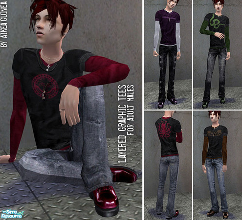 Sims 2 — Long Sleeve Graphic Tees for Males  by aikea_guinea — Long-sleeved graphic t-shirt outfits for Adult Males. Set