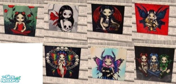 Sims 2 — dark fairy series by MinnieMinPin — 7 fairy prints. Found under the blue canvas painting. 1 tiled. Enviroment