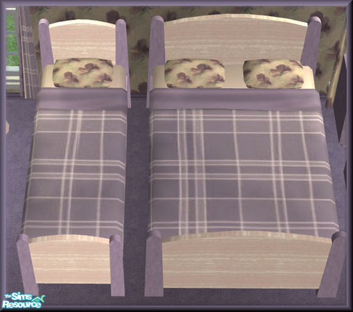Sims 2 — NK TC38 Sintesi BR - Bedding, Plaid by MoMama — A purple plaid quilt with floral pillows.