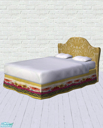 Sims 2 — Penny Bed Frame by salixlikescake — A yellow rounded headboard, with a colorful bed skirt.