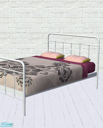 Sims 2 — Penny Bedding by salixlikescake — A grey flower print on a off white comforter matched with dark pink sheets.