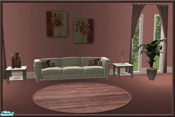 Sims 2 — Decorator Set In Rose by TSR Archive — Two plants, curtains, wall stencil with two pictures, sofa cushions, a