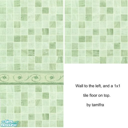 Sims 2 — Gorgeous Green Tile Set by tamlfra — Soft, pastel green tiles with a delightful ceramic rope scrollwork border.